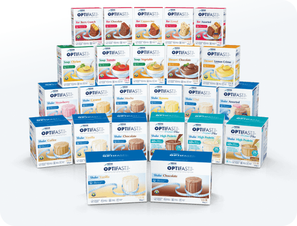 The whole range of OPTIFAST Meal Replacement Products, including meal replacement shakes, soups, bars and desserts.