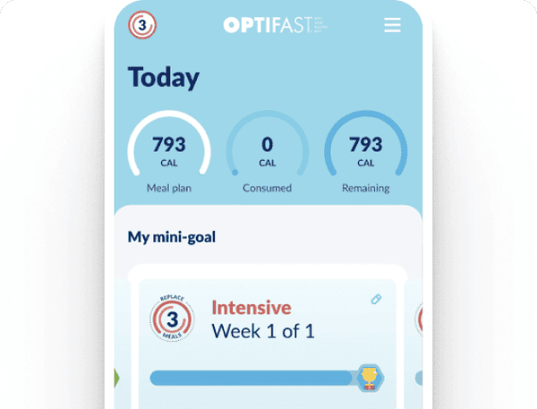 OPTIFAST app showing how many calories out of the meal plan have been consumed and remaining.