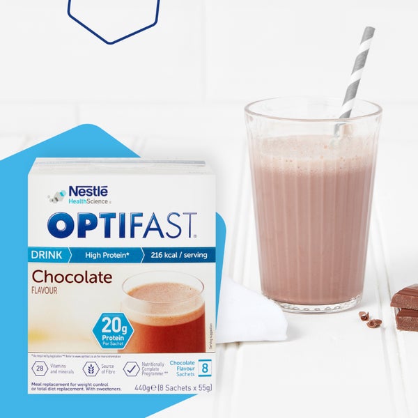 OPTIFAST chocolate flavoured shake in glass with paper straw