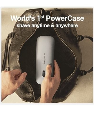 Braun - world's first PowerCase: shave anytime, anywhere. Portable charging case gives you +50% battery fir up to 6 weeks - image of hands holding Powercase as it is plugged in