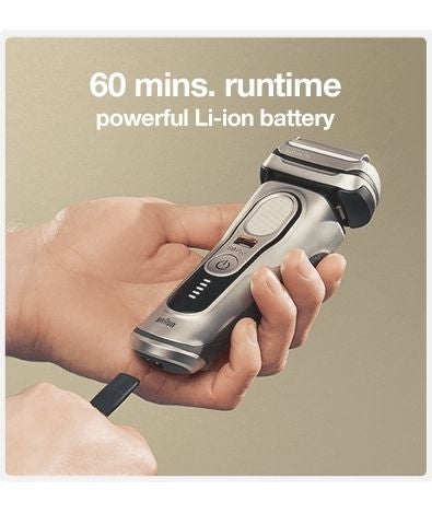 Braun 60 mins. runtime - powerful Li-ion battery - hands putting Series 9 Pro electric shaver on charge