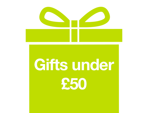 Green digital present box with 'gifts under £50'