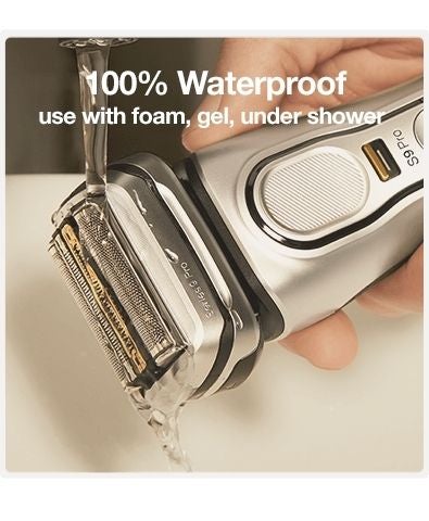 Braun - 100% waterproof - use with foam, gel, under shower - Series 9 pro being run under tap