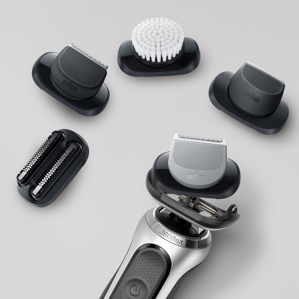 series 7 with  close up of  Series 7 with body groomer attachment connected, with beard trimmer attachment, cleansing brush,  stubblebeard trimmer attachment and 73S shaver head replacement in circle around
