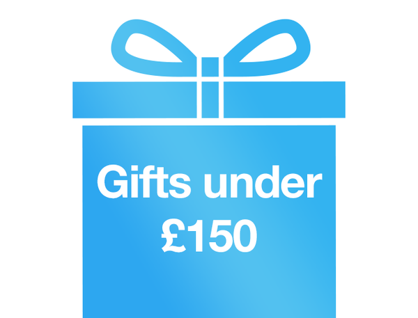 Blue digital present box with 'gifts under £150'