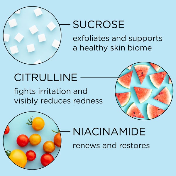 Image of ingredients. Sucrose exfoliates and supports a healthy skin biome. Citrulline, fights irritation and visibly reduces redness. Niacinamide, renews and restores