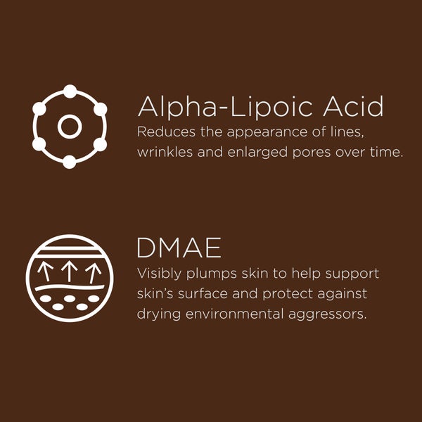 Image of High potency ingredients. Alpha-Lipoic Acid. Reduces the appearance of lines, wrinkles and enlarged pores over time. DMAE. Visibly plumps skin to help support skin's surface and protect against drying environmental aggressors.