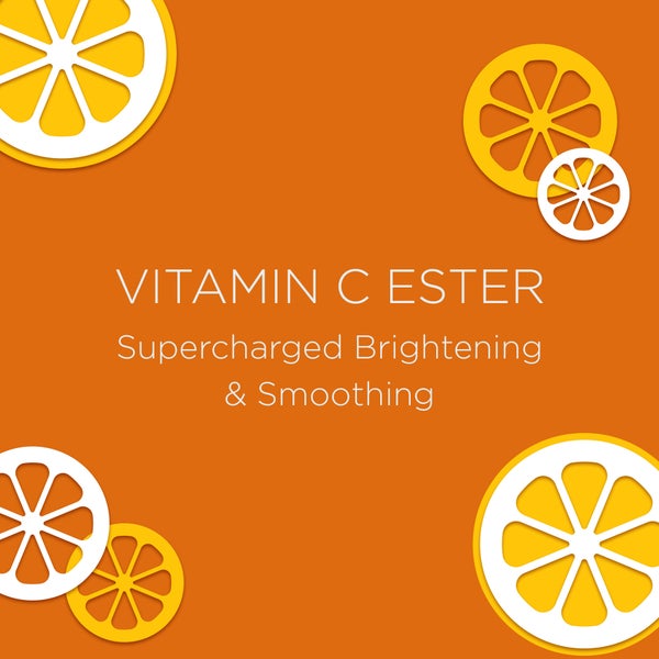 Image of featured ingredients of Vitamin C ester. .  Vitamin C ester Supercharged brightening and Smoothing