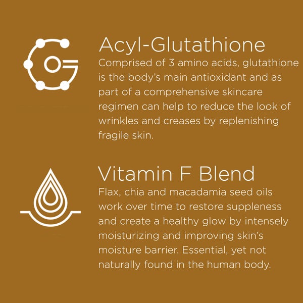image of Essential FX ingredients. Acyl- Glutathione. Comprised of three amino acids, glutathione is the bodies main antioxidant and as part of comprehensive skin care regimen, can help to reduce the look of wrinkles and creases by replenishing fragile skin. Vitamin F blend. Flax, Chia and macadamia seed oils work overtime to restore suppleness and create a healthy glow by intensely moisturizing and improving skins moisture barrier. Essential, yet not naturally found in the human body.