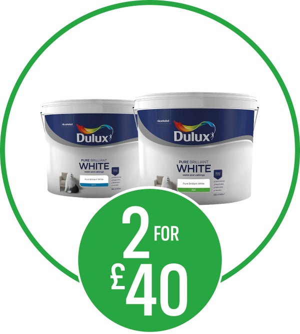 Get 2 for £40 on Dulux Pure Brilliant White - Matt Emulsion, Total Cover Matt or Soft Sheen