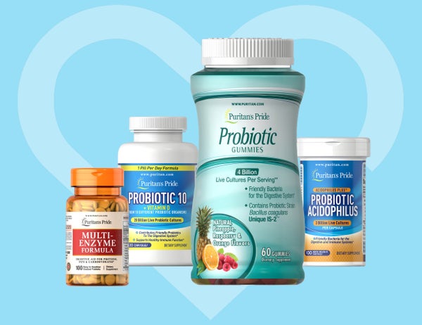 Puritans Pride multi-enzyme formula, probiotic 10, probiotics gummies and probiotic acidophilus.