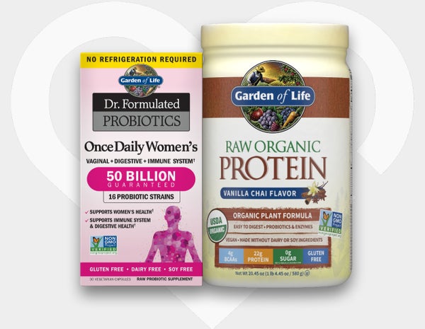 Dr Formulated Probiotics Once Daily Women's and Garden of Life Raw Organic Protein Vanilla Chai Flavour