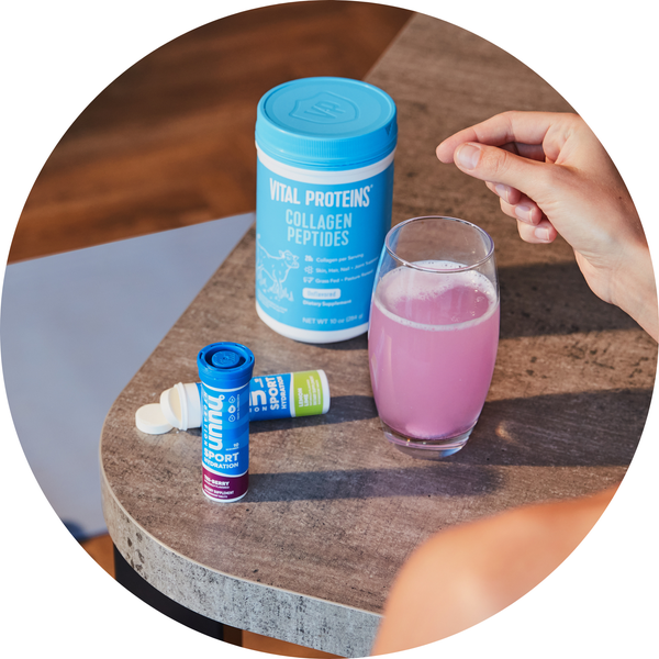 Nuun Sport Hydration dissolvable tablets and Vital Proteins Collagen on a table promoting hydration products on Every Health with a supporting offer of a free Nuun sample when you spend £20