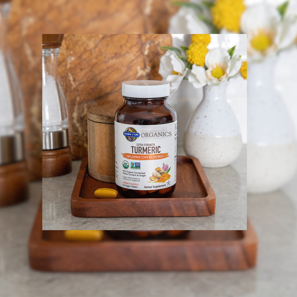 Garden of Life Turmeric supplements on a countertop