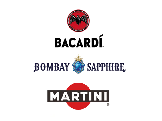 The logos for Bacardi, Bombay Sapphire and Martini