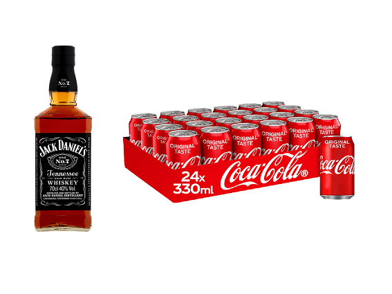 An image of an 24 pack of Diet Coke (330ml) with a bottle of Jack Daniels
