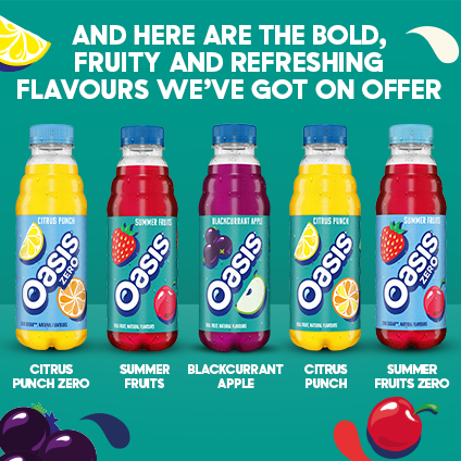 Image showing the flavours of Oasis with the text 'and here are the bold, fruity and refreshing flavours we've got on offer'
