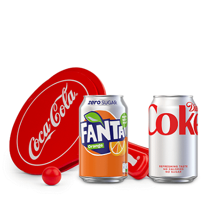 coca-cola paddle ball set, can of fanta and can of diet coke
