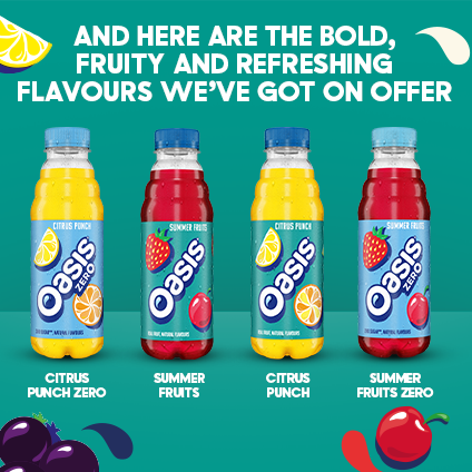 Image showing the flavours of Oasis with the text 'and here are the bold, fruity and refreshing flavours we've got on offer'