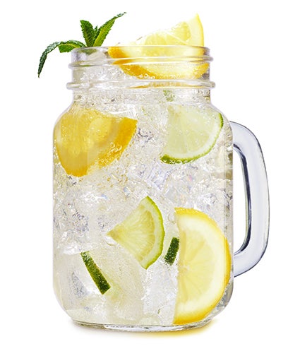 A glass containing ice, lemon, lime and alcohol