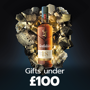 Gifts under £100. Glenfiddich bottle with dark background.