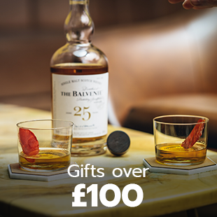 Gifts over £100. The Balvenie bottle with two glasses of whisky.