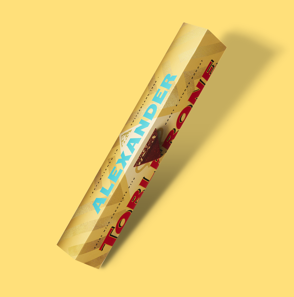 Personalised Toblereone Bar on Yellow Background.