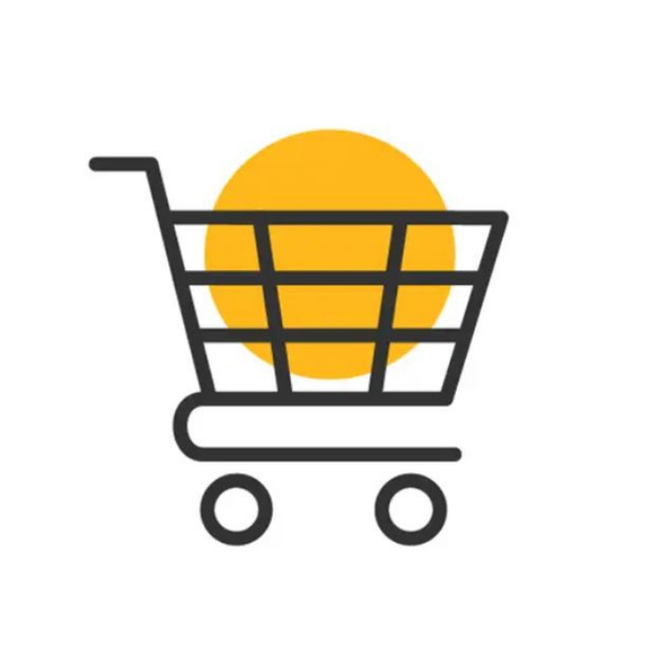 A simple image of a shopping cart in black colour. The cart is filled with a round orange object.