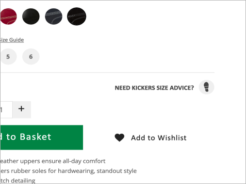 'Need Kickers size advice' link on product page