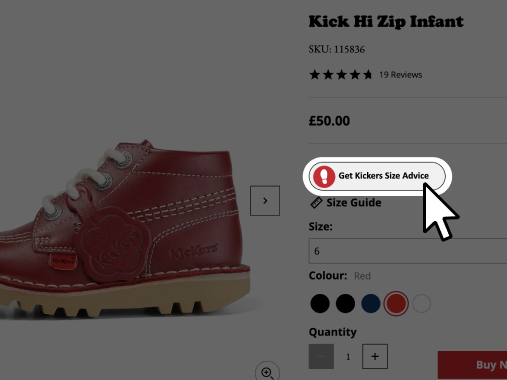 'Need Kickers size advice' link on product page