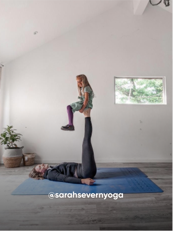 mom and daughter posting in a yoga position - Visit Kickers Kids Instagram