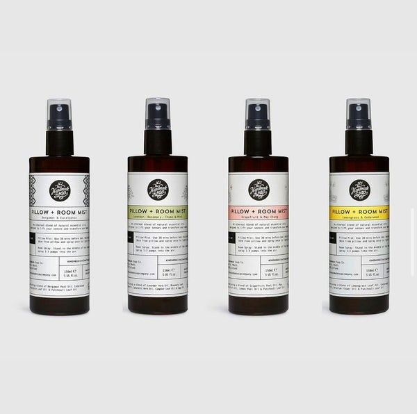 Four pillow and room mists against a white background. Visit our Instagram.
