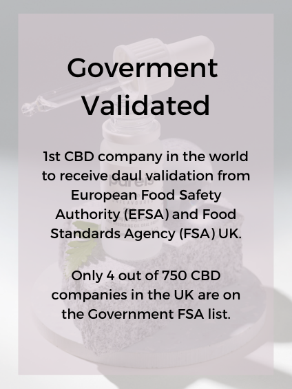 Dual validation from the European Food Safety Authority and Food Standards Agency UK. Only 4 out of 750 CBD companies are on the government FSA list.