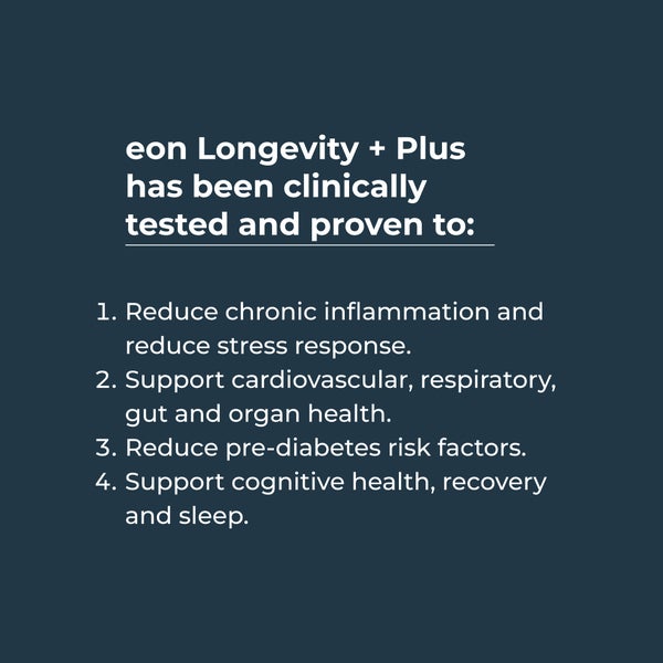 eon Longevity + Plus has been clinically tested and proven to: 1. Reduce chronic inflammation and reduce stress response. 2. Support cardiovascular, respiratory, gut and organ health. 3. Reduce pre-diabetes risk factors. 4. Support cognitive health, recovery and sleep.