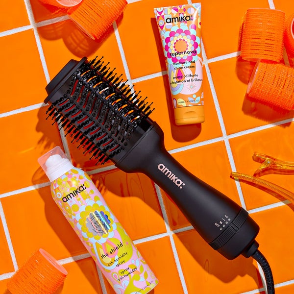 hair blow dryer brush with the anti-humidity spray and moisture and shine cream products
