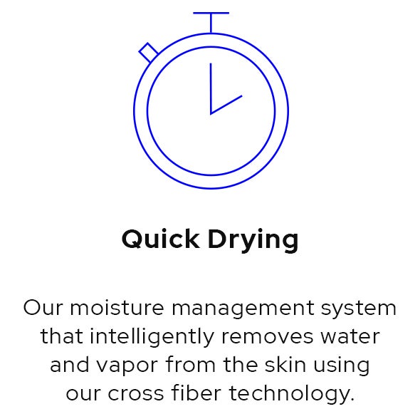 Quick Drying. Our moisture management system that intelligently removes water and vapor from the skin using our cross fiber technology.