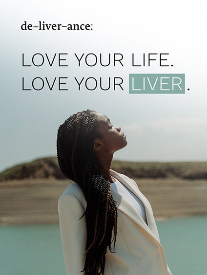 woman with in a prayer stance with deliverance bottle behind her with words loves your life love your liver above. Visit our Instagram