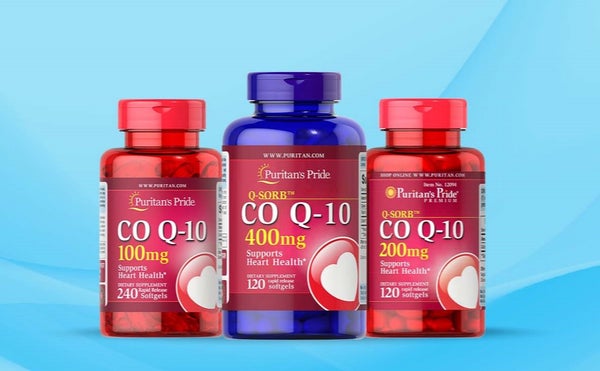 Three different packs of different supplements - CO Q-10, CO Q-10, CO Q-10 - standing on a blue background.