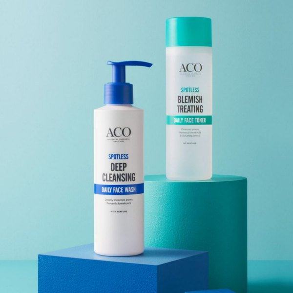 ACO Spotless Range - Toner & Cleanser in front of dark teal background