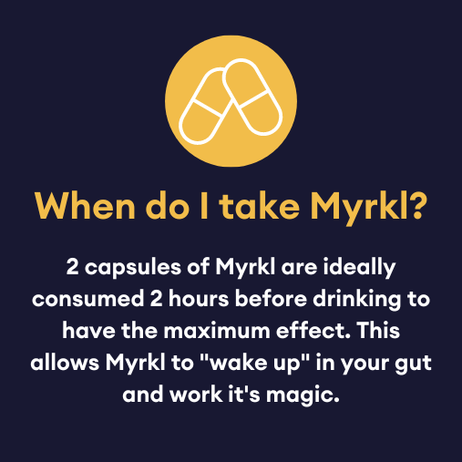 when do I take myrkl? 2 capsules of myrkl are ideally consumed 2 hours before drinking to have the maximum effect. This allows myrkl to 