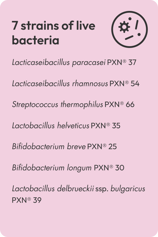 7 strains of live bacteria. Lacticaseibacillus paracasei PXN® 37 Lacticaseibacillus rhamnosus PXN® 54 Streptococcus thermophilus PXN® 66 Lactobacillus helveticus PXN® 35 Bifidobacterium breve PXN® 25 Bifidobacterium longum PXN® 30 Lactobacillus delbrueckii ssp. bulgaricus PXN® 39