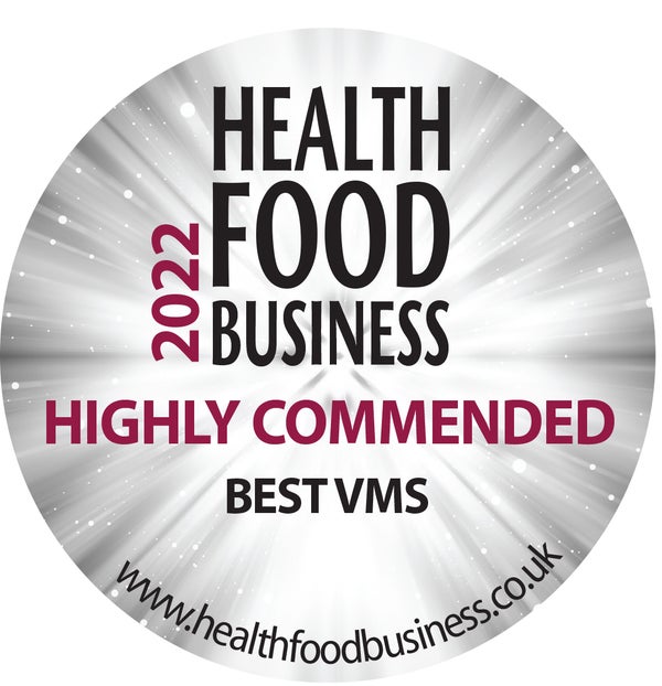 2022 health food business highly commended. Best VMS.www.healthfoodbusiness.co.uk