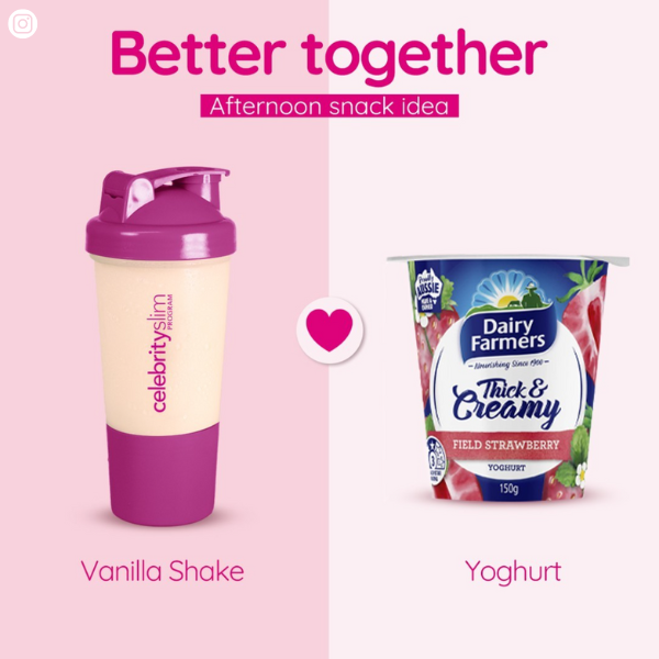 Better Together afternoon snack idea featuring a Celebrity Slim shake and a yoghurt