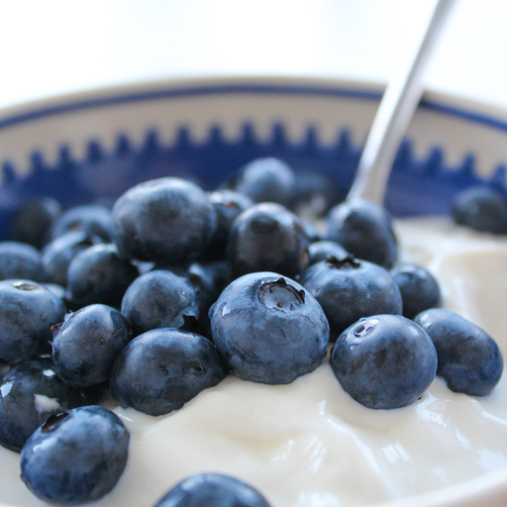 A bowl of blueberries in yoghurt
