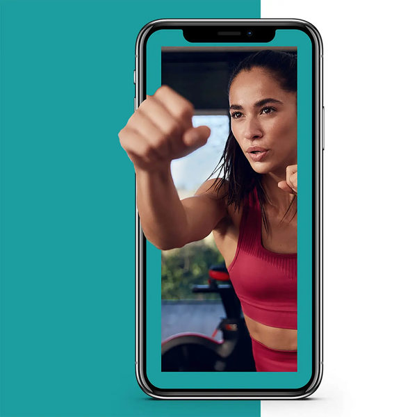 Graphic on a mobile phone of a woman wearing red workout clothes and punching the air.