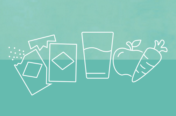 Icon showing meal replacement sachet, glass of water & fruit & veg