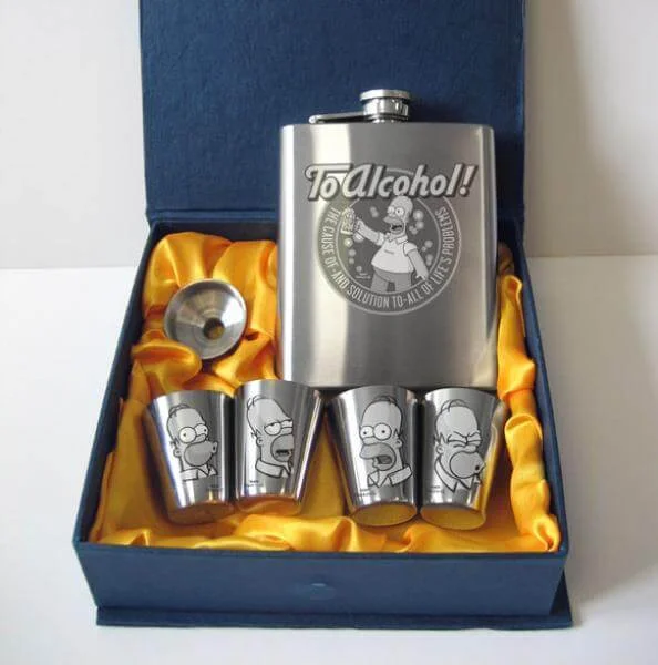 Simpsons Steel Hip Flask And Shot Glass Set