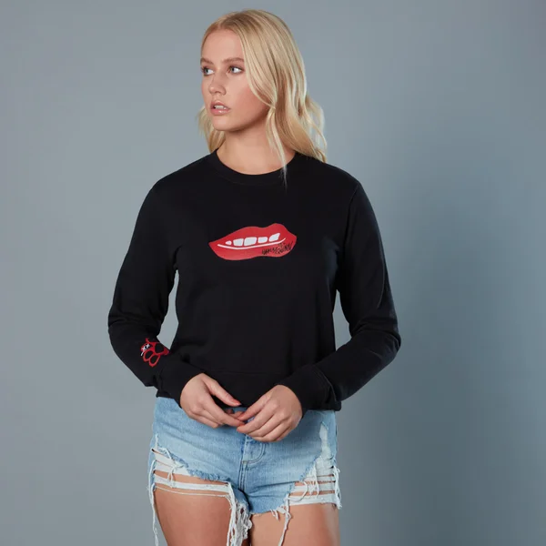 Red Lips and Knuckduster Birds of Prey Women's Cropped Sweatshirt - Black