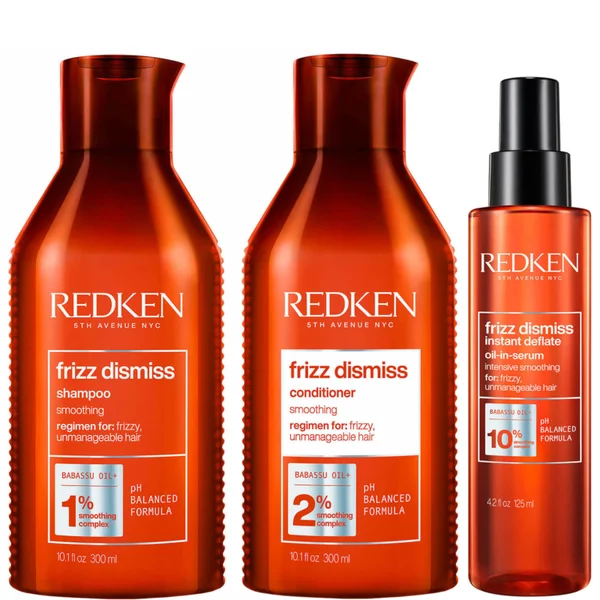 Redken Frizz Dismiss Shampoo, Conditioner and Hair Serum Routine for Smoothing Frizzy Hair