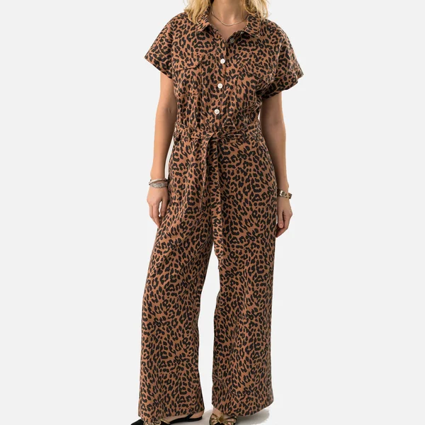 Lollys Laundry Mathilde Leopard-Print Denim Jumpsuit